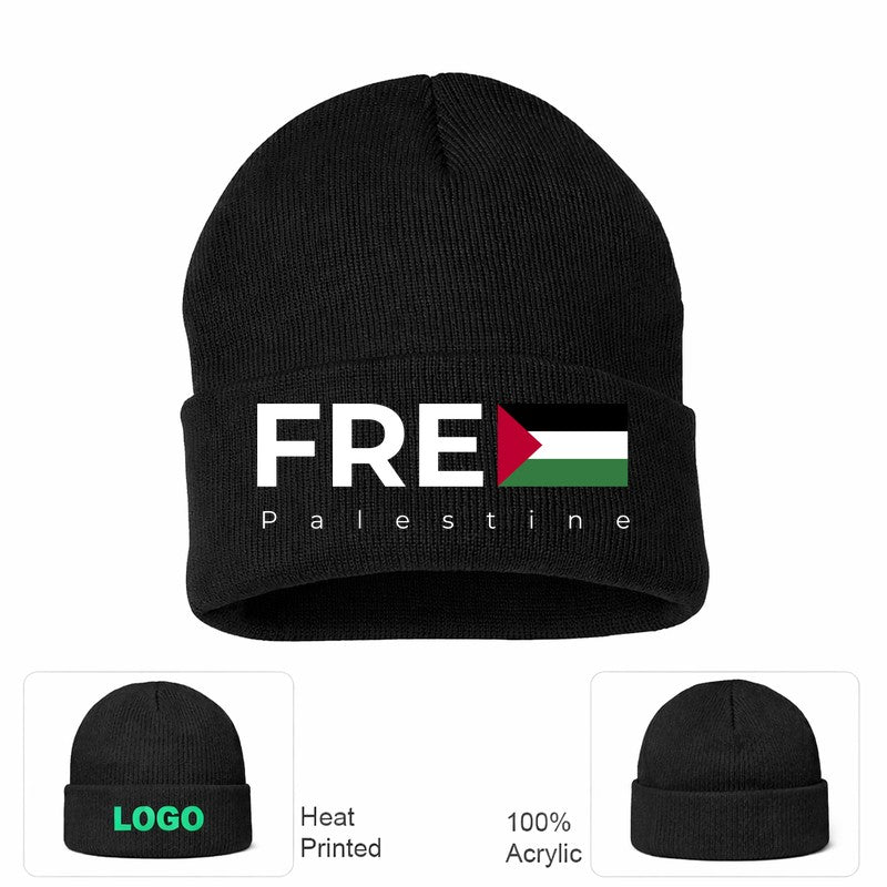 Free Palestine White Black Beanie Hat