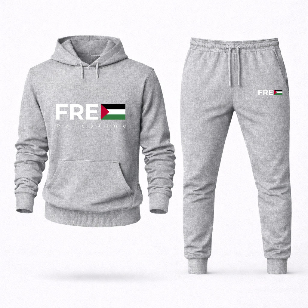 Free Palestine White Hoodie and Joggers Set - Grey