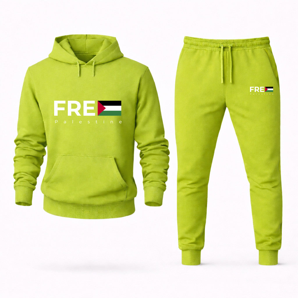 Free Palestine White Hoodie and Joggers Set - Lime Green