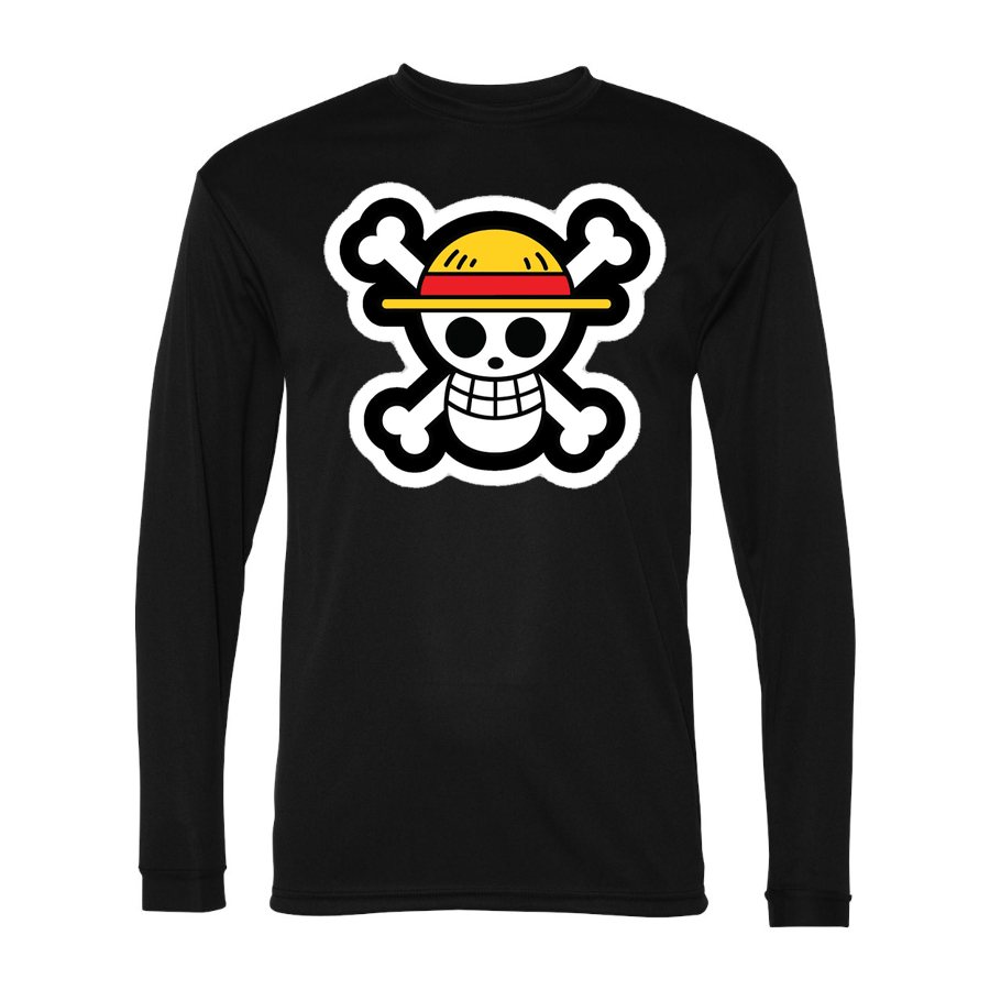 Men's Straw Hat Luffy Polyester Long Sleeve T-Shirt - Black