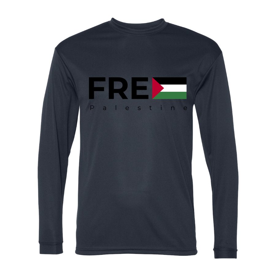Men's Free Palestine Black Polyester Long Sleeve T-Shirt - Navy