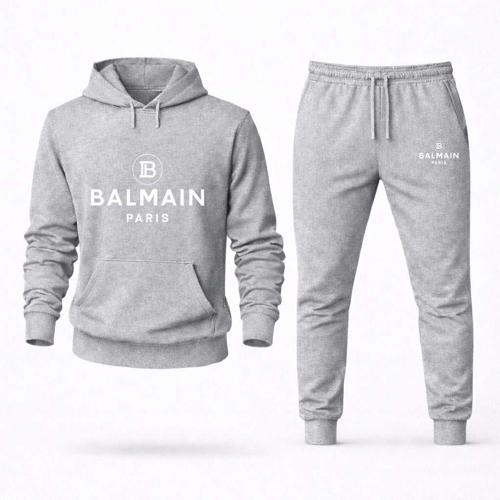 Balmain Paris White Hoodie and Joggers Set - Grey