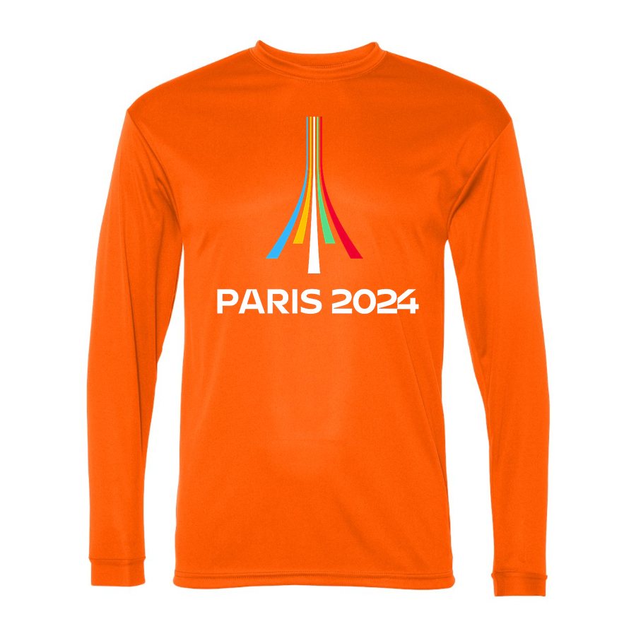 Men's Paris-2024-Olympics-logo-white Polyester Long Sleeve T-Shirt - Safety Orange