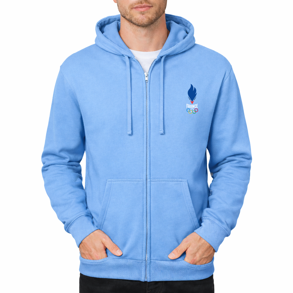 Men's France 2024 white Zipper Hoodie - Sky Blue