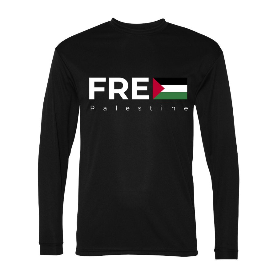 Men's Free Palestine White Logo Polyester Long Sleeve T-Shirt - Black