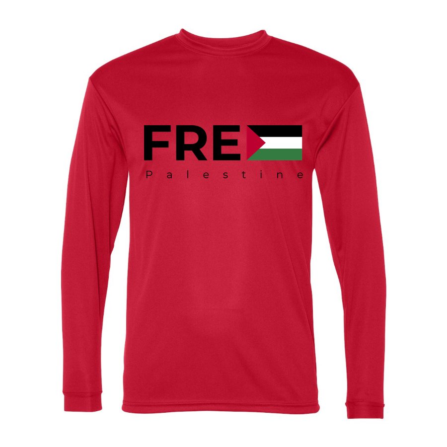 Men's Free Palestine Black Polyester Long Sleeve T-Shirt - Red