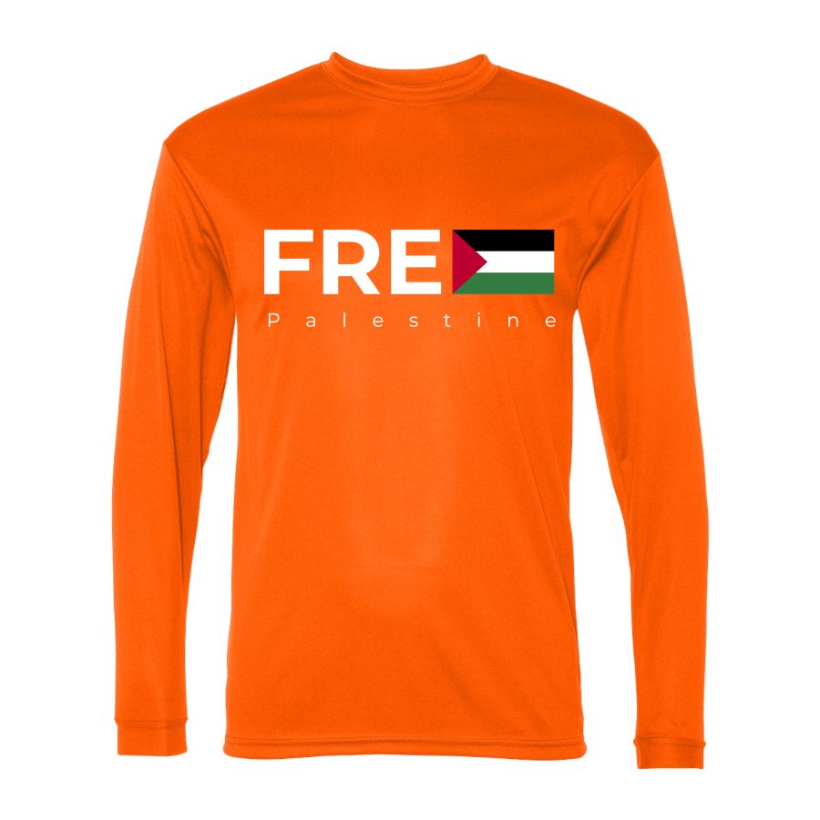 Men's Free Palestine White Logo Polyester Long Sleeve T-Shirt - Safety Orange