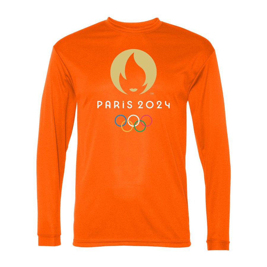 Men's Olympics 2024 Paris White Polyester Long Sleeve T-Shirt - Safety Orange