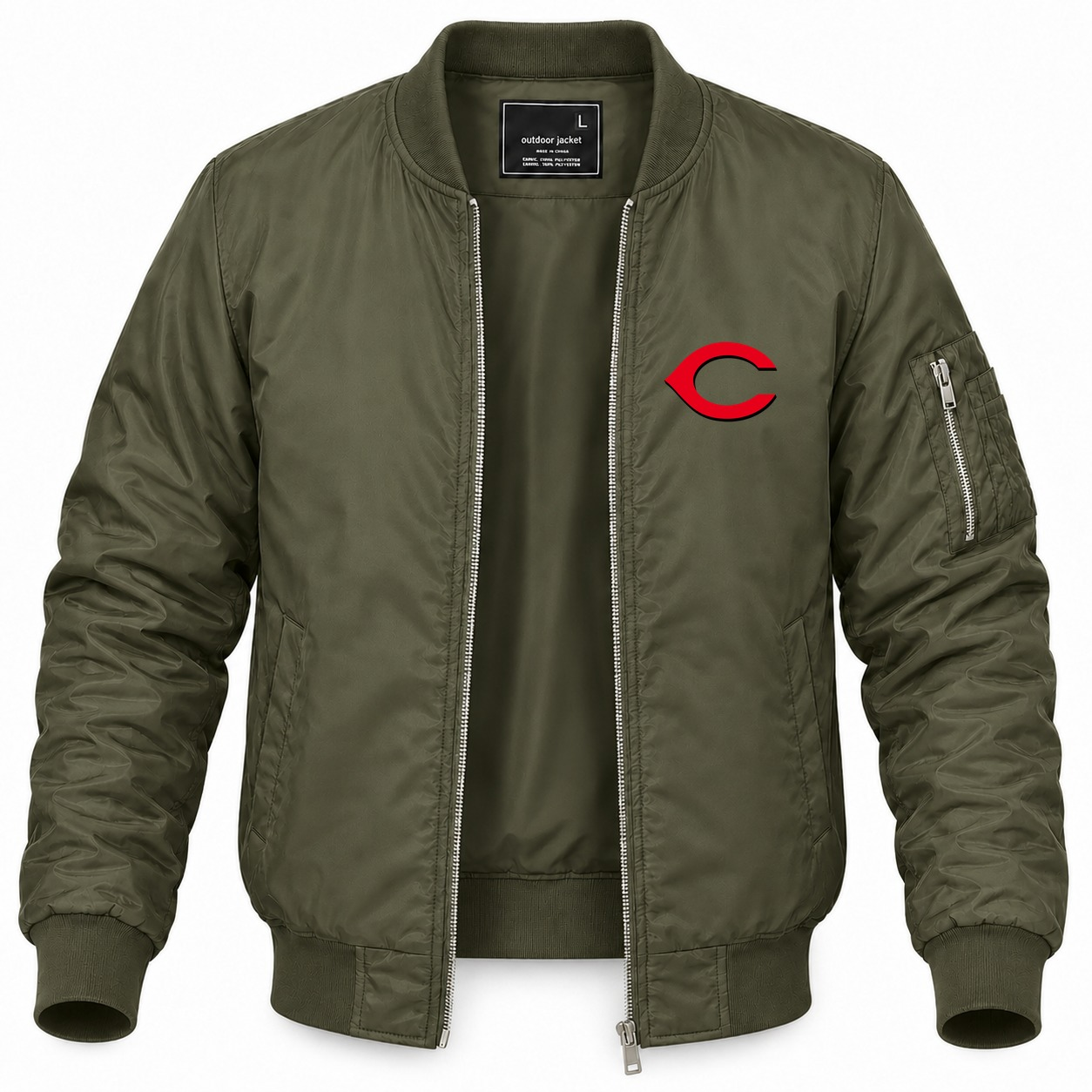 Men's Cincinnati Reds Lightweight Bomber Jacket - Army Green