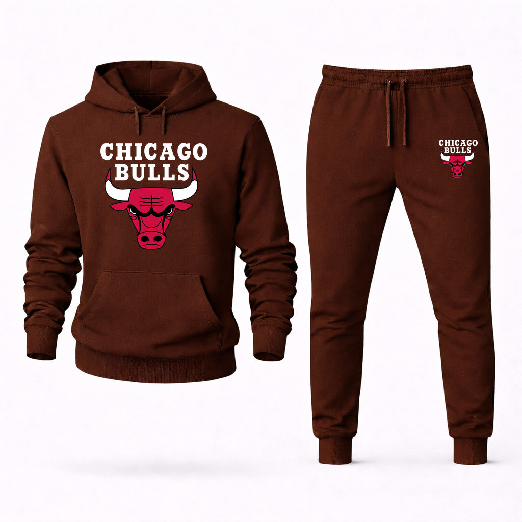 Chicago Bulls White Hoodie and Joggers Set - Brown