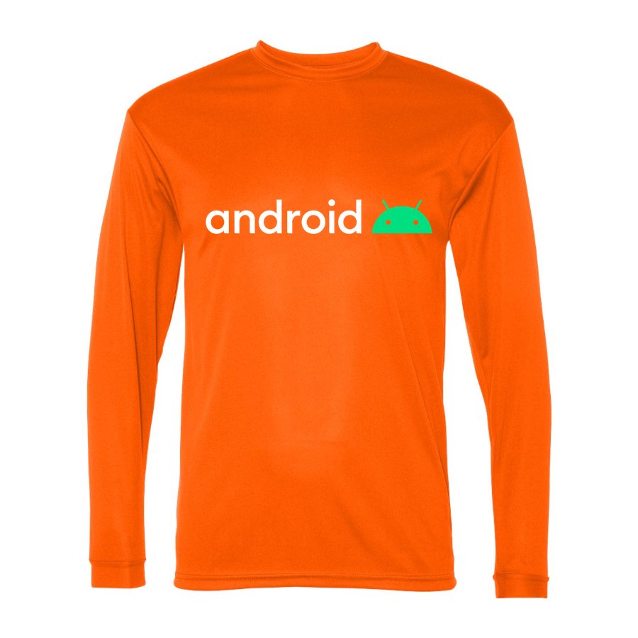 Men's Android White Logo Polyester Long Sleeve T-Shirt - Safety Orange