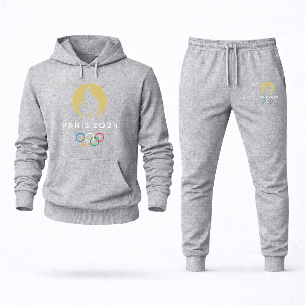 Paris 2024 Olympics White Hoodie and Joggers Set - Grey