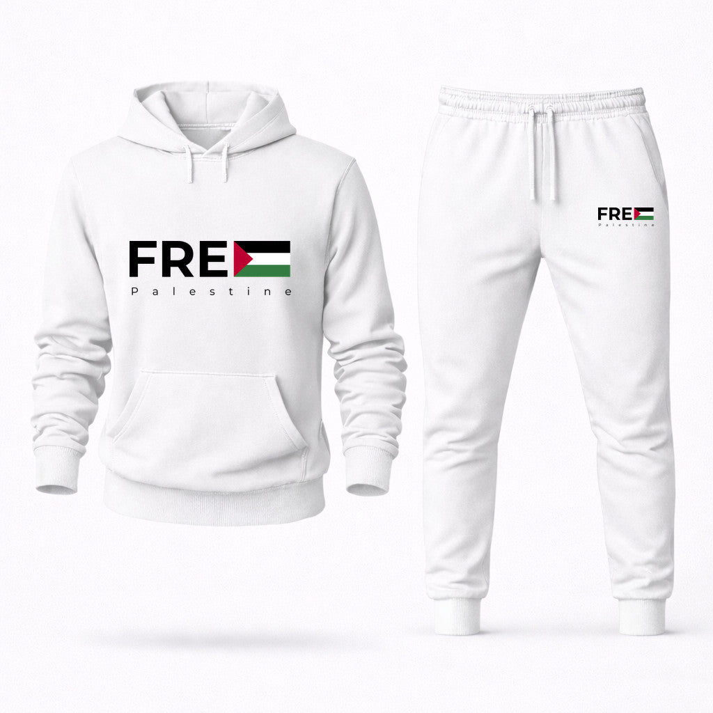 Free Palestine Black Hoodie and Joggers Set - White