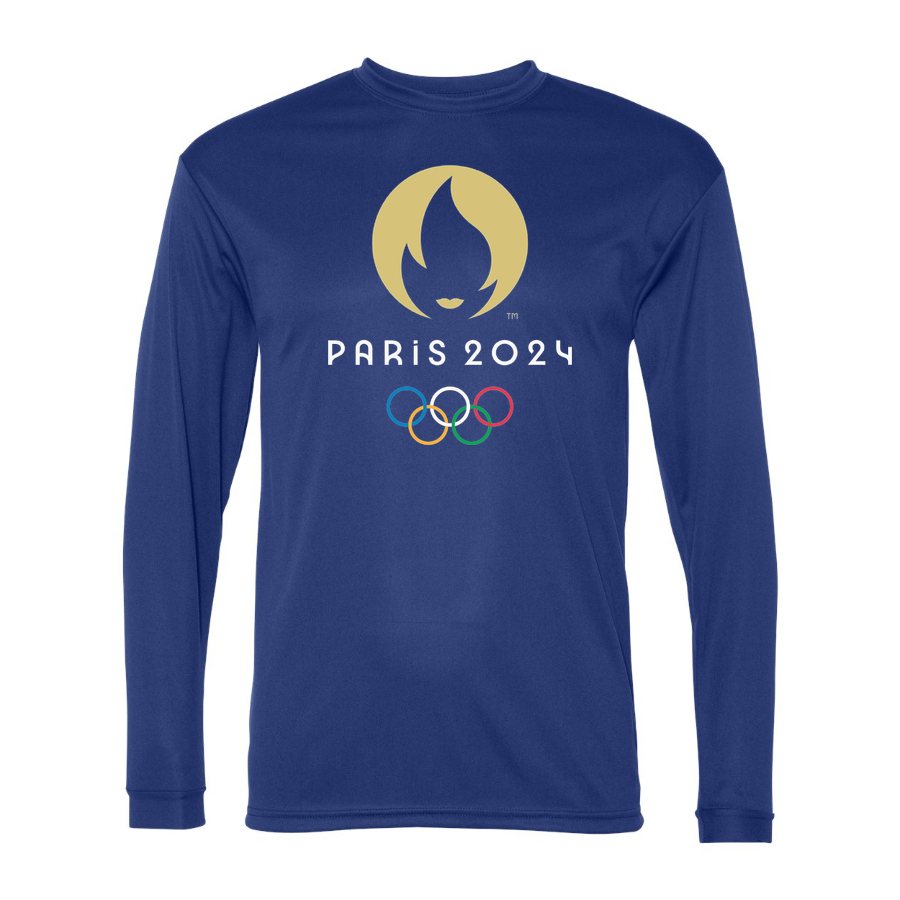 Men's Olympics 2024 Paris White Polyester Long Sleeve T-Shirt - Royal Blue