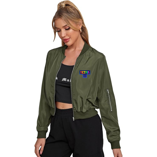 Women's Tetris Lightweight Bomber Biker Jacket Zip up Windbreaker Crop Bomber Jacket Coat