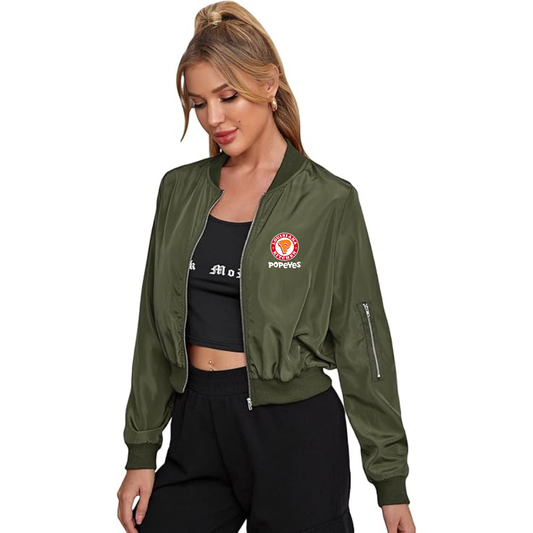 Women'sPopeyes Louisiana Kitchen Lightweight Bomber Biker Jacket Zip up Windbreaker Crop Bomber Jacket Coat