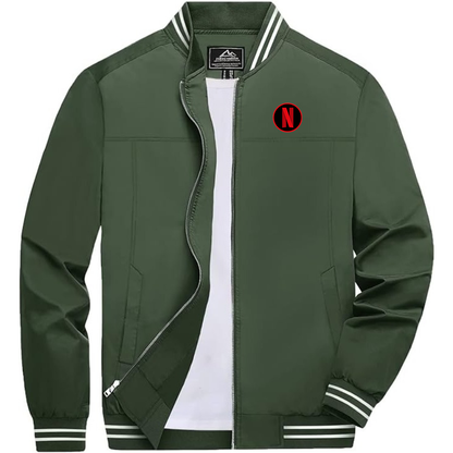 Men's Netflix Lightweight Zip-Up Bomber Jacket with Ribbed Collar and Cuffs Versatile Casual Outerwear