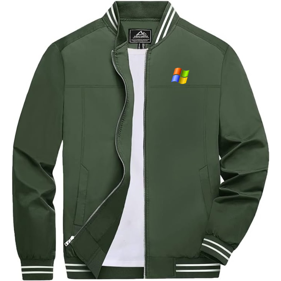 Men's Microsoft Lightweight Zip-Up Bomber Jacket with Ribbed Collar and Cuffs Versatile Casual Outerwear