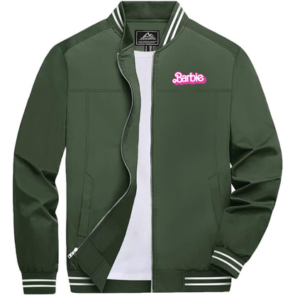 Men's Barbie Lightweight Zip-Up Bomber Jacket with Ribbed Collar and Cuffs Versatile Casual Outerwear