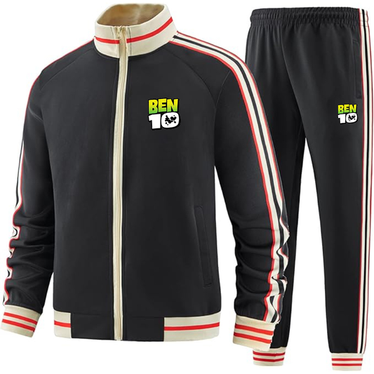 Men's Ben 10 Premium Two-Piece Designer Tracksuit with Bold Striped Accents and Zippered Front Elevated Athletic Wear