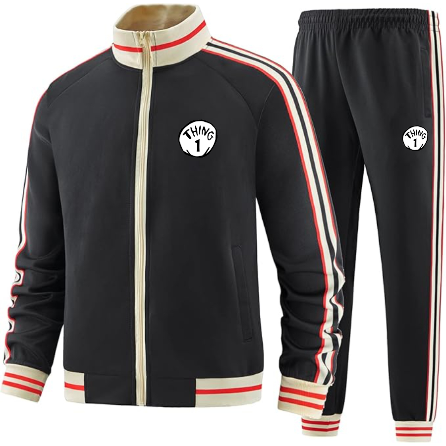 Men's Dr. Suess Thing 1  Premium Two-Piece Designer Tracksuit with Bold Striped Accents and Zippered Front Elevated Athletic Wear