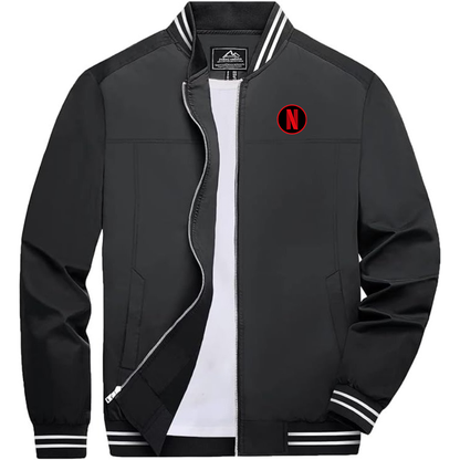 Men's Netflix Lightweight Zip-Up Bomber Jacket with Ribbed Collar and Cuffs Versatile Casual Outerwear