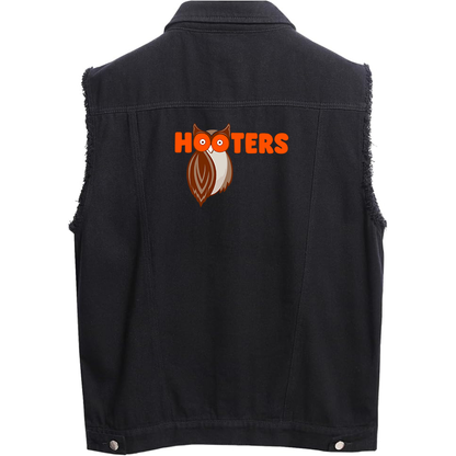 Men's Hooters Sleeveless Distressed Denim Vest  Rugged Black Jean Jacket