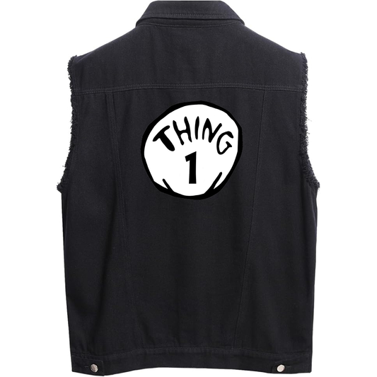 Men's Dr. Suess Thing 1  Sleeveless Distressed Denim Vest  Rugged Black Jean Jacket