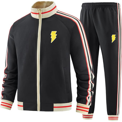 Men's Black Adam Two-Piece Designer Tracksuit with Bold Striped Accents and Zippered Front Elevated Athletic Wear