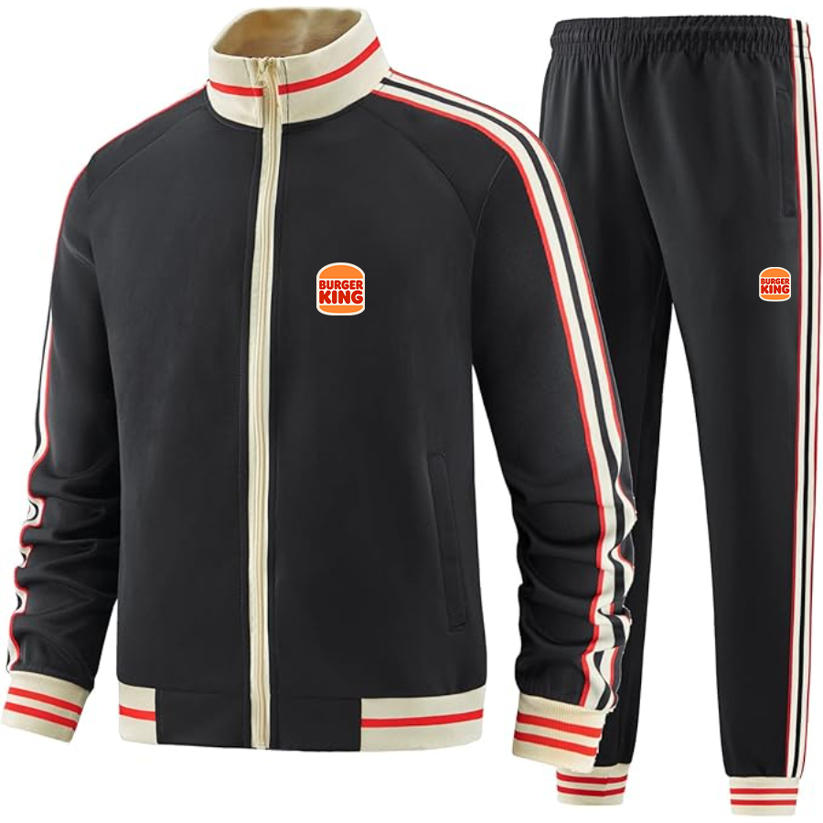 Men's Burger King Premium Two-Piece Designer Tracksuit with Bold Striped Accents and Zippered Front Elevated Athletic Wear