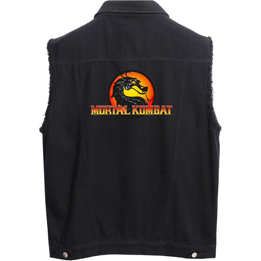 Men's Mortal Kombat Sleeveless Distressed Denim Vest  Rugged Black Jean Jacket