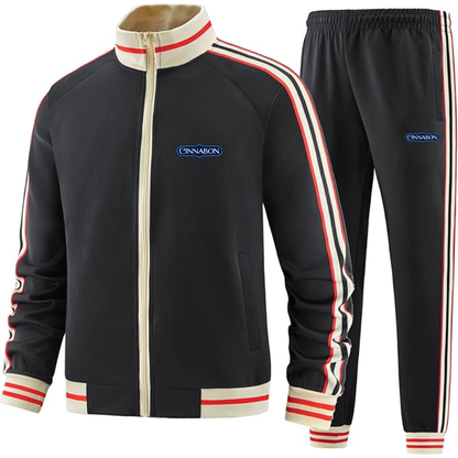 Men's Cinnabon Premium Two-Piece Designer Tracksuit with Bold Striped Accents and Zippered Front Elevated Athletic Wear