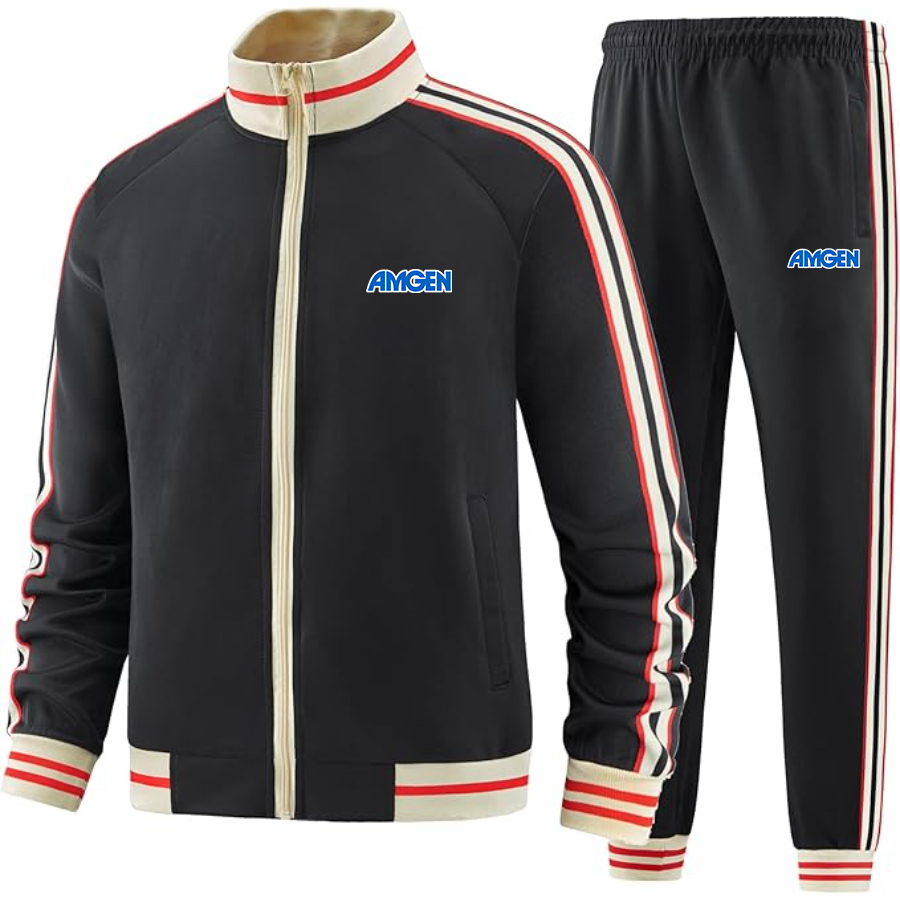 Men's  Amgen Two-Piece Designer Tracksuit with Bold Striped Accents and Zippered Front Elevated Athletic Wear