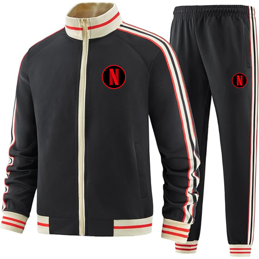 Men's Netflix Premium Two-Piece Designer Tracksuit with Bold Striped Accents and Zippered Front Elevated Athletic Wear