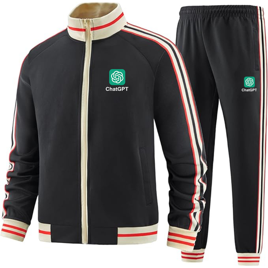 Men's ChatGPT Premium Two-Piece Designer Tracksuit with Bold Striped Accents and Zippered Front Elevated Athletic Wear