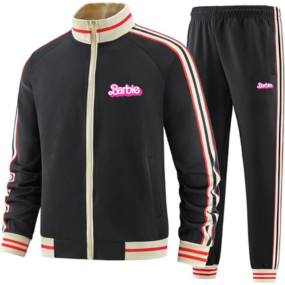 Men's Barbie Premium Two-Piece Designer Tracksuit with Bold Striped Accents and Zippered Front Elevated Athletic Wear