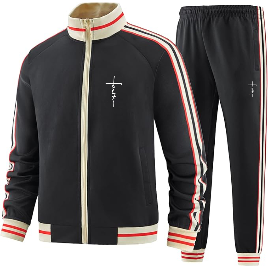 Men's Faith Two-Piece Designer Tracksuit with Bold Striped Accents and Zippered Front Elevated Athletic Wear