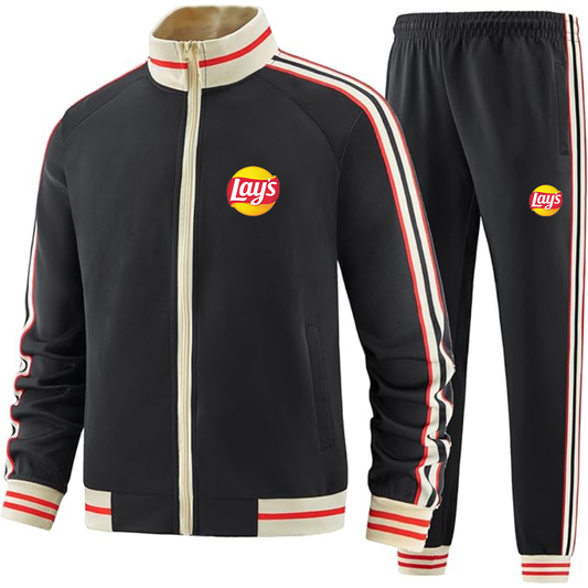 Men's Lays Premium Two-Piece Designer Tracksuit with Bold Striped Accents and Zippered Front Elevated Athletic Wear