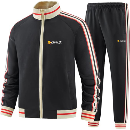 Men's Carl's Jr Premium Two-Piece Designer Tracksuit with Bold Striped Accents and Zippered Front Elevated Athletic Wear