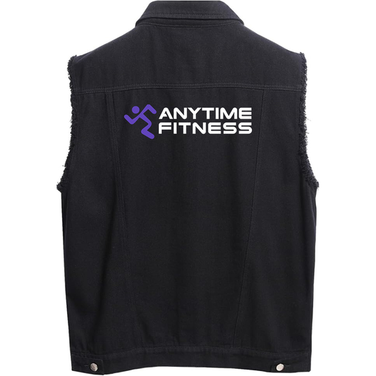 Men's Anytime Fitness Gym  Sleeveless Distressed Denim Vest  Rugged Black Jean Jacket