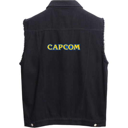 Men's Capcom  Sleeveless Distressed Denim Vest  Rugged Black Jean Jacket