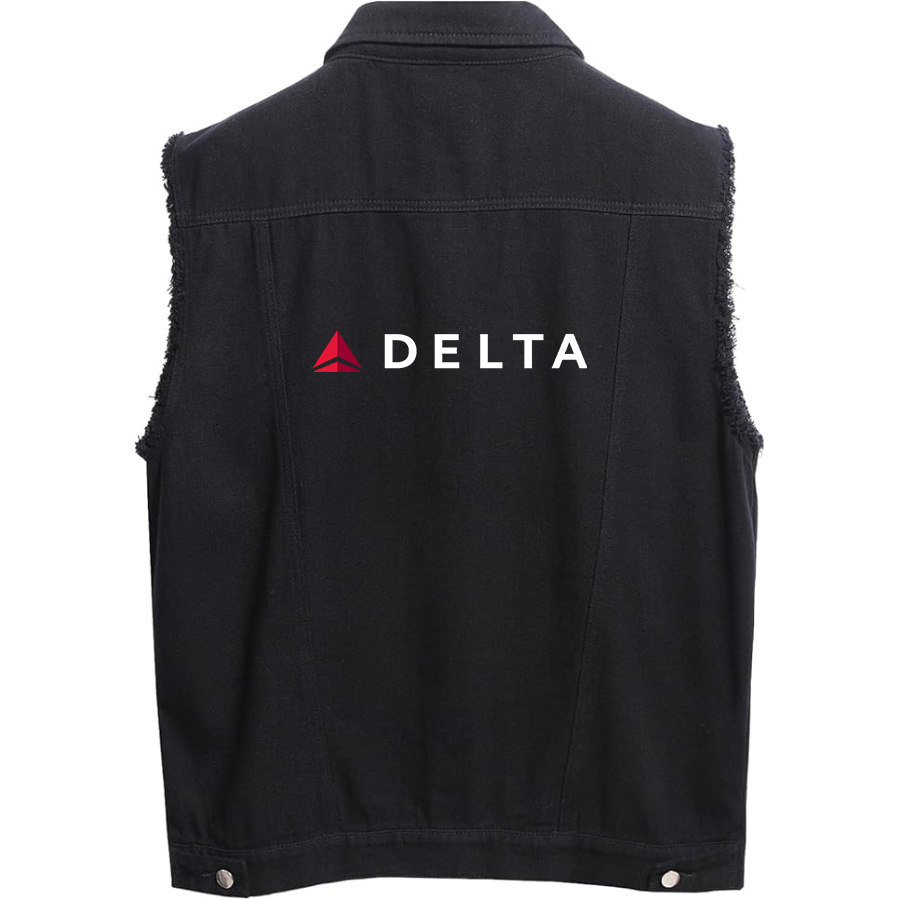 Men's Delta Airlines  Sleeveless Distressed Denim Vest  Rugged Black Jean Jacket