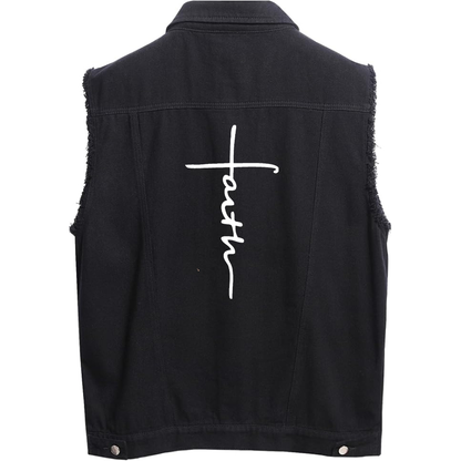 Men's Faith Sleeveless Distressed Denim Vest  Rugged Black Jean Jacket