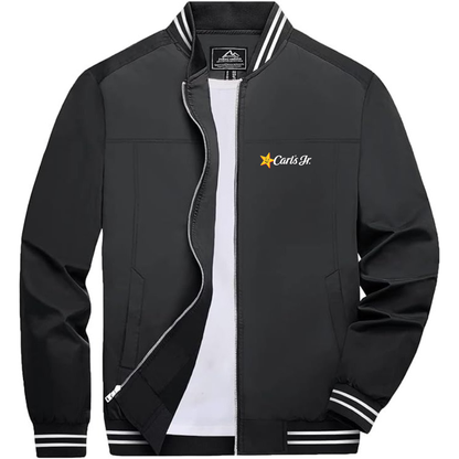 Men's Carl's Jr Lightweight Zip-Up Bomber Jacket with Ribbed Collar and Cuffs Versatile Casual Outerwear