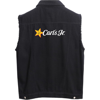 Men's Carl's Jr Sleeveless Distressed Denim Vest  Rugged Black Jean Jacket