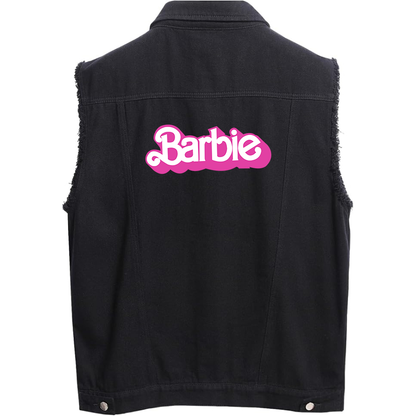 Men's Barbie Sleeveless Distressed Denim Vest  Rugged Black Jean Jacket