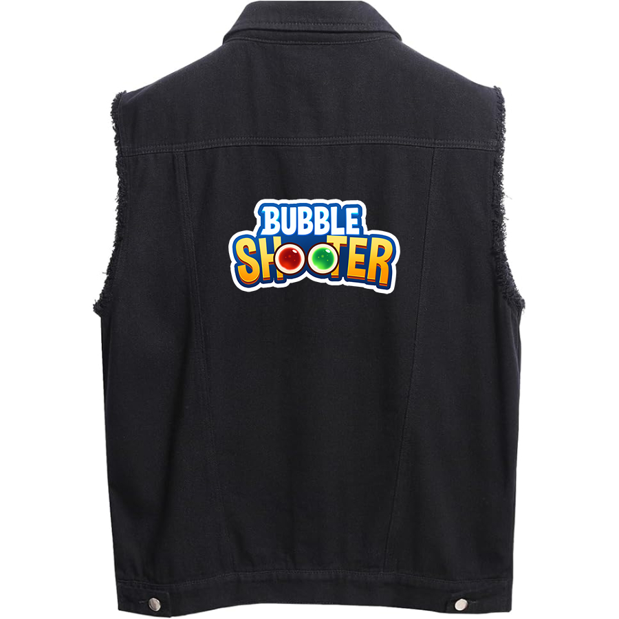 Men's Bubble Shooter Sleeveless Distressed Denim Vest  Rugged Black Jean Jacket