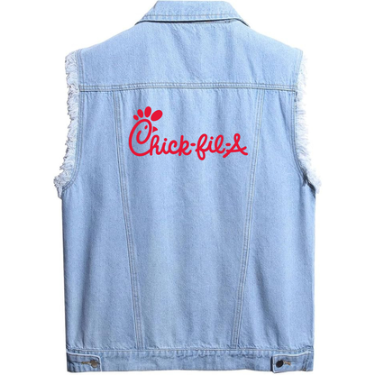 Men's Chick-fil-A Sleeveless Distressed Denim Vest  Rugged Black Jean Jacket