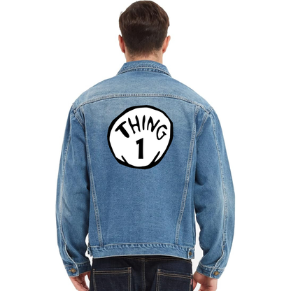 Men's Dr. Suess Thing 1 Vintage Distressed Denim Jacket Stylish Casual Jean Outerwear