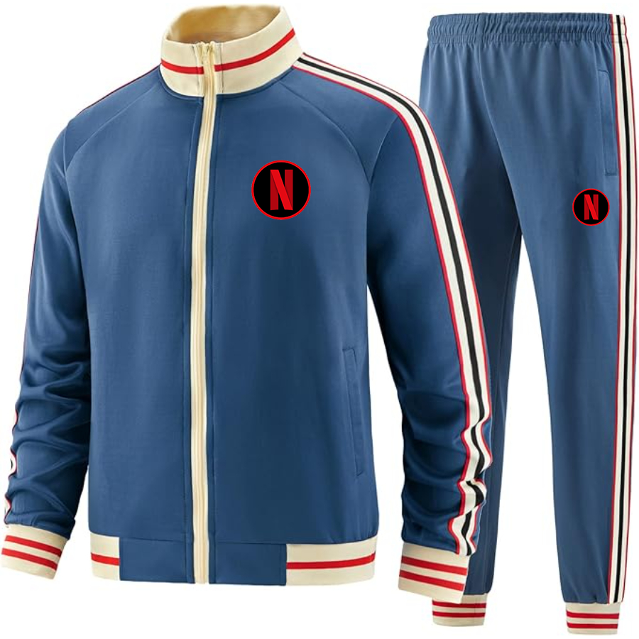 Men's Netflix Premium Two-Piece Designer Tracksuit with Bold Striped Accents and Zippered Front Elevated Athletic Wear